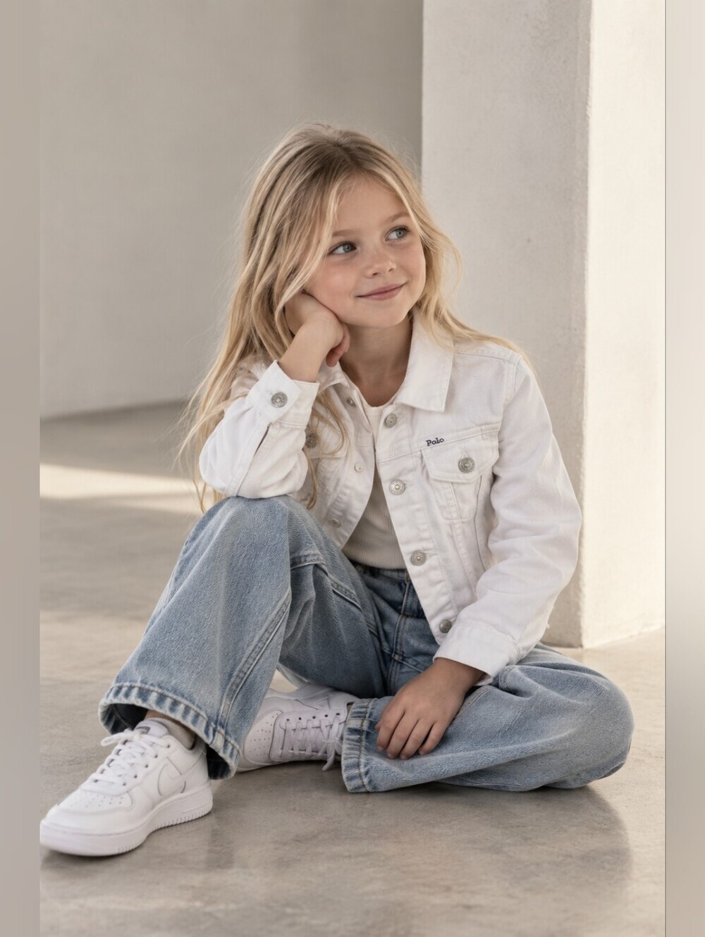 Polo Ralph Lauren Girls White Denim Trucker Jacket POLO Logo 6X